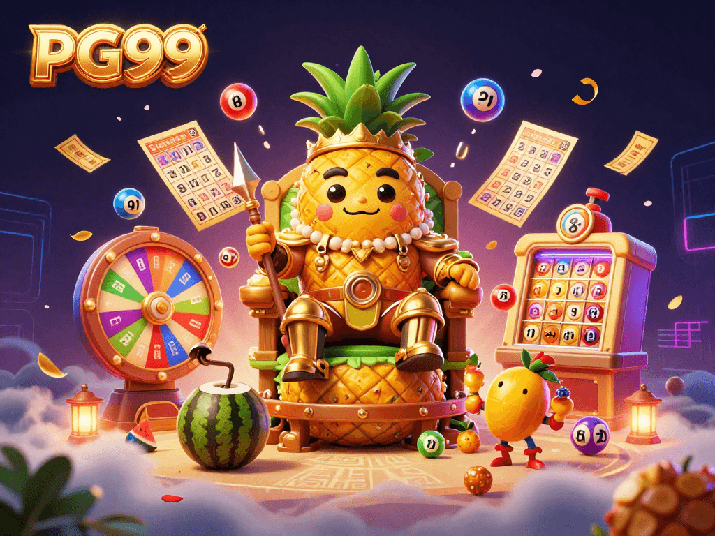 Experience vibrant action with PG99, featuring a golden pineapple king and colorful lottery elements.