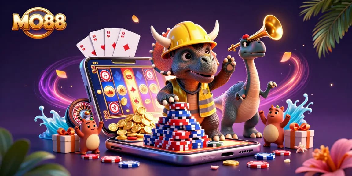 Engage with MO88's colorful casino scene featuring a triceratops, poker chips, and festive elements.
