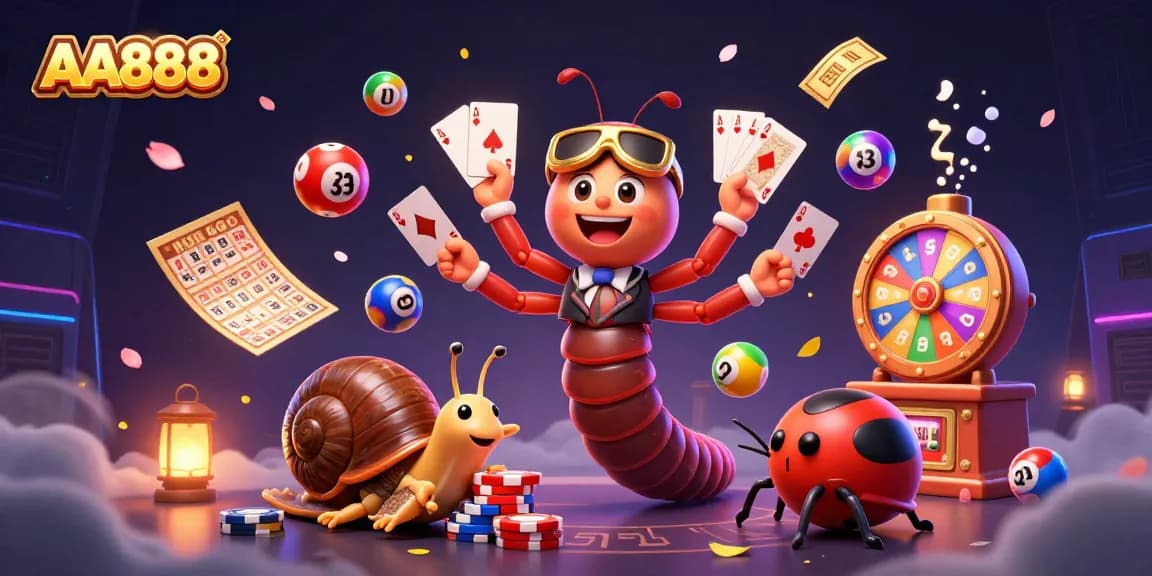 Experience the thrill of AA888 with a vibrant casino scene featuring dynamic characters and games.