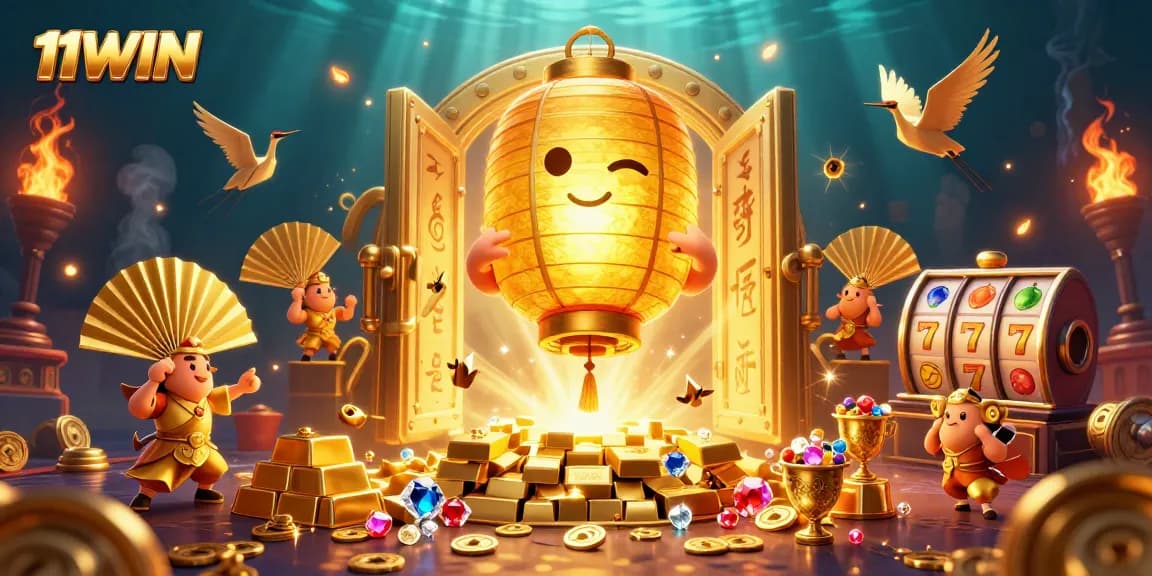 Experience the magic of 11WIN with vibrant slots and enchanting treasure in this stunning scene.