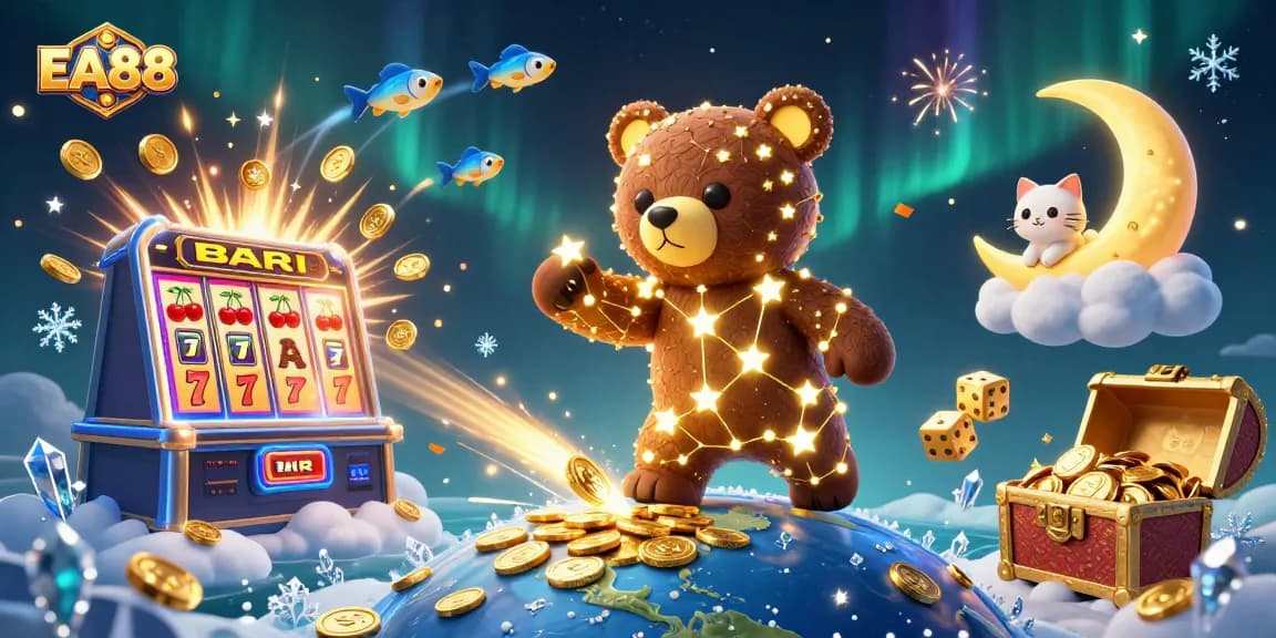 Experience EA88 through a vibrant 3D casino scene filled with winning moments and excitement.