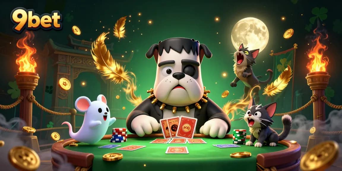 Join the 9bet table as a bulldog dealer shuffles cards amidst a spooky scene.