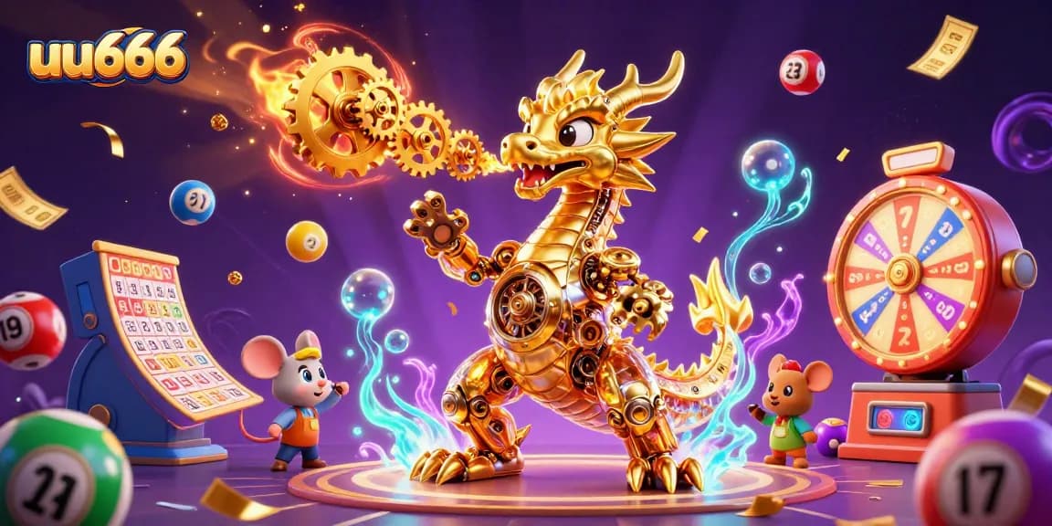 uu666 engages players with a vibrant 3D illustration featuring a mechanical dragon and colorful lottery elements.