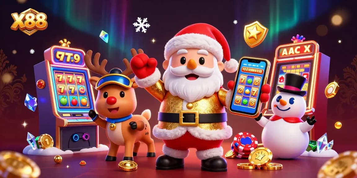 Experience X88’s thrilling jackpot slots with Santa, a reindeer dealer, and a poker chip snowman in a festive casino