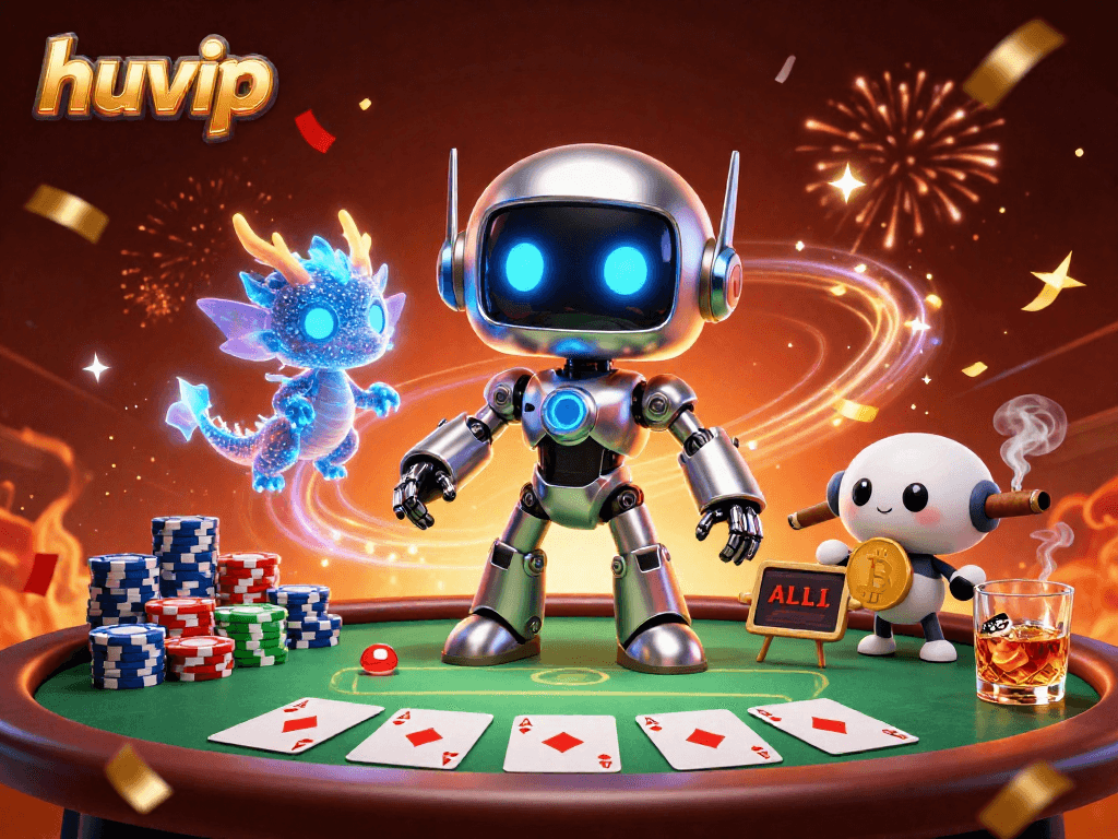 Experience thrilling poker action with huvip's vibrant characters and casino elements in a dynamic 3D scene.