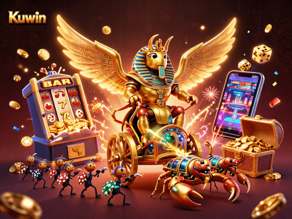 Kuwin casino illustration featuring a colossal golden scarab beetle with poker chip carrying ants amidst a jackpot explosion.