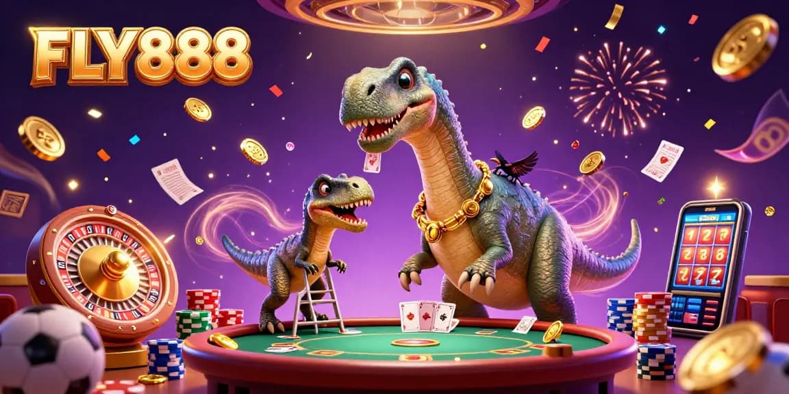 Engage with FLY888 in this vibrant, animated casino scene full of excitement and winning energy.
