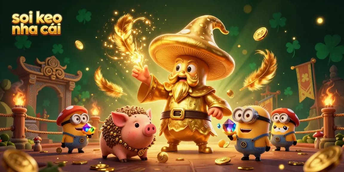 Soi keo nha cái showcases a golden mushroom wizard with treasure-seeking minions in a vibrant casino scene.