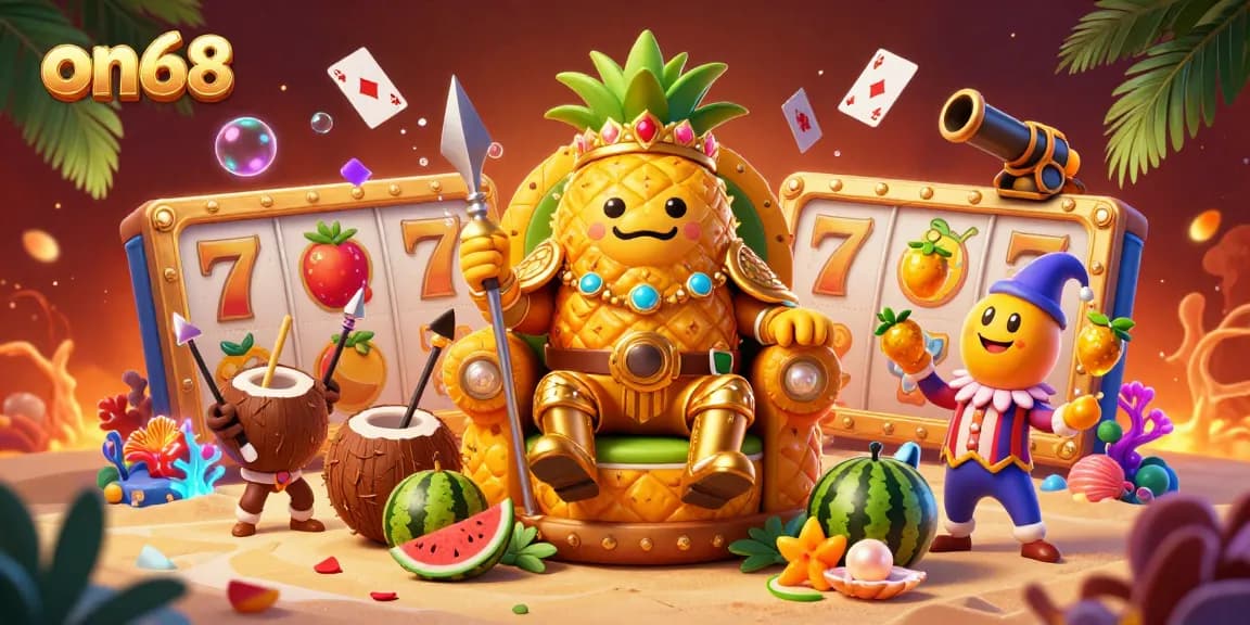 Join the excitement with on68's vibrant casino scene showcasing a golden pineapple king and game elements.