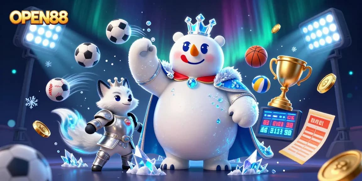 Engage in exciting gameplay with OPEN88 as the ice king polar bear and snow fox celebrate with trophies and sports bets.