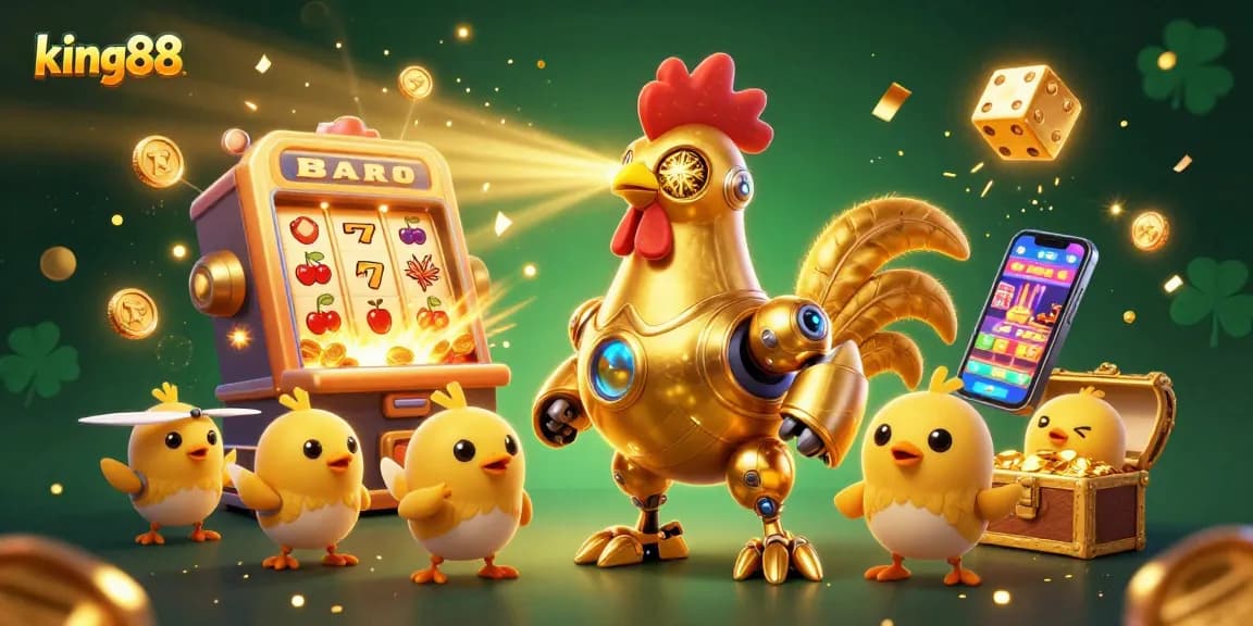 Win big with king88 as a golden rooster robot and chick drones transform the casino experience!