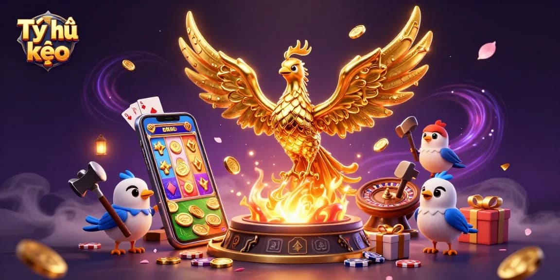 Engage with Tỷ lệ kèo through a vibrant 3D scene of a molten phoenix and gaming elements.
