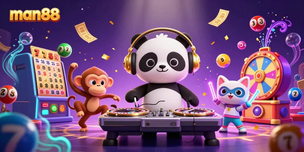 Experience the thrill of man88 with a lively DJ panda, breakdancing monkey, and rave kitten among colorful gambling elements.
