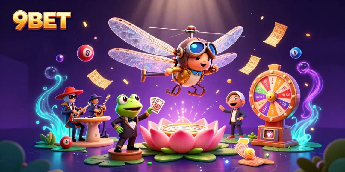 Engage with 9BET's vibrant casino scene featuring colorful lottery elements and whimsical characters.