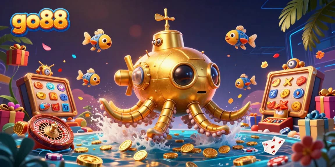 Experience thrilling wins with go88's vibrant casino illustration featuring a golden kraken and rich game elements.