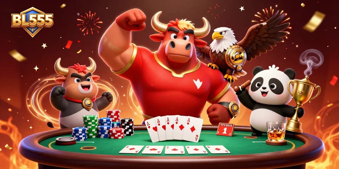 Experience the excitement of BL555 with a bull mascot, eagle, and panda in a vibrant casino scene.
