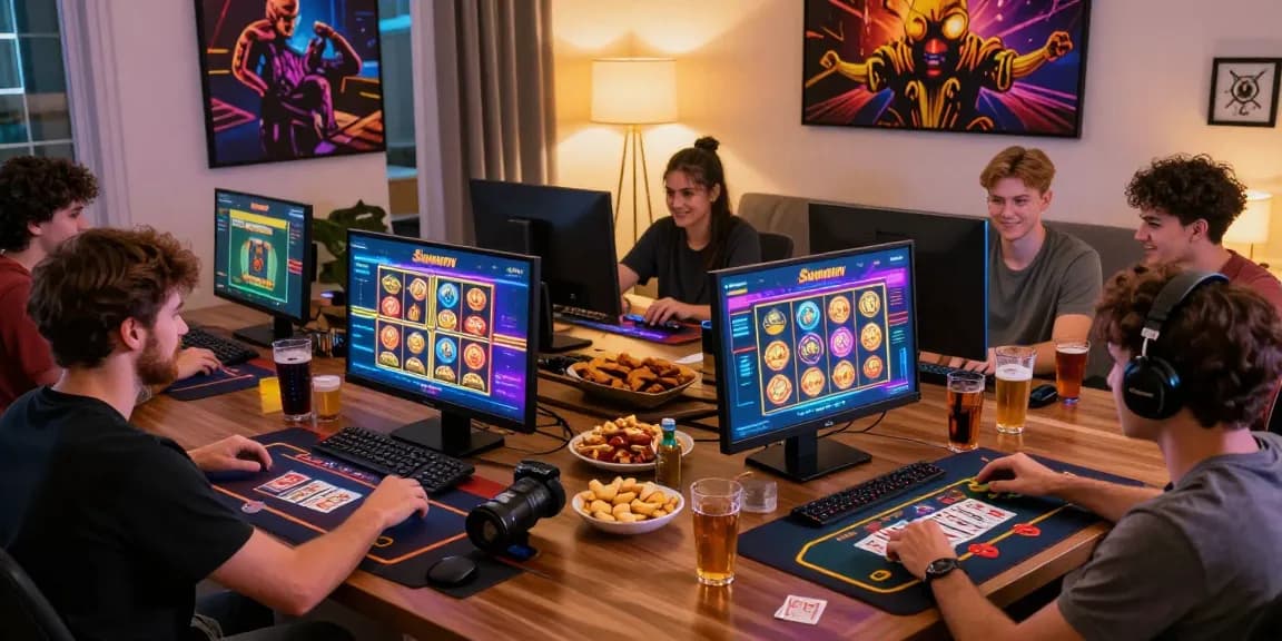Sunwin online gaming experience with players enjoying casino games in a lively home setting