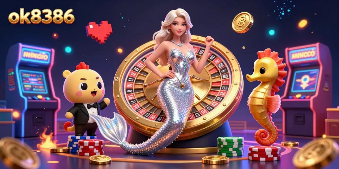 Engage with the vibrant world of ok8386, featuring a mermaid and roulette in a lively casino scene.