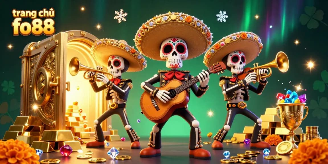 Experience the vibrant world of trang chủ fo88 with a lively mariachi band amidst gold treasures and casino delights.