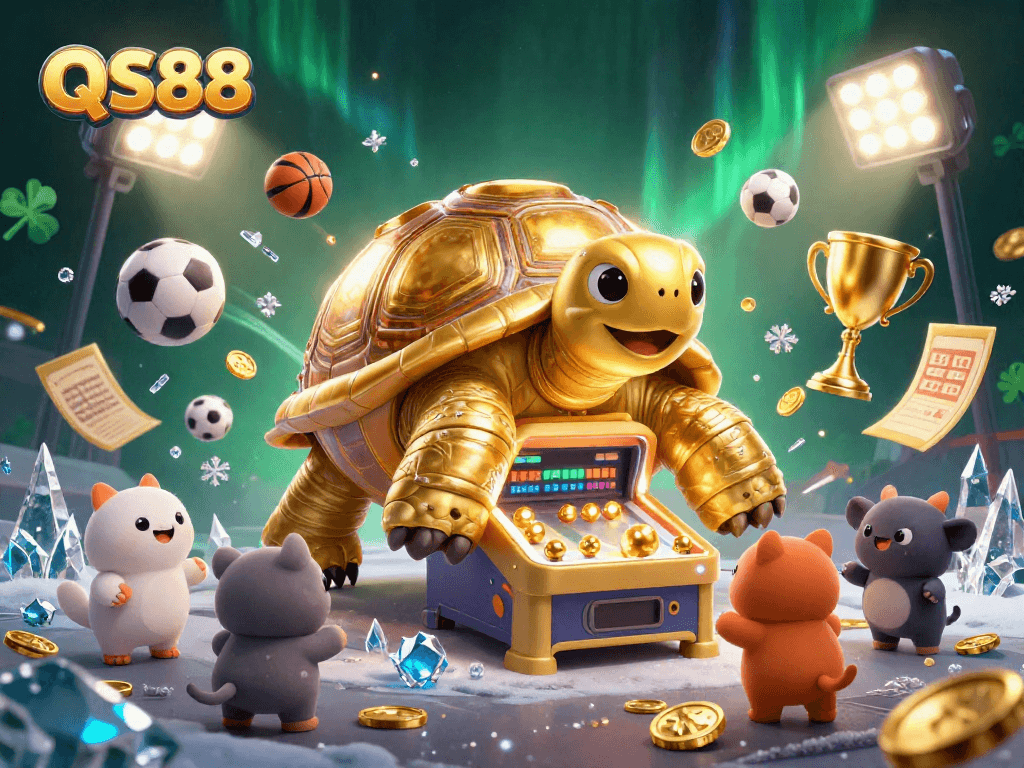 Experience thrilling games at QS88 with luminous sports elements and an engaging tortoise machine.