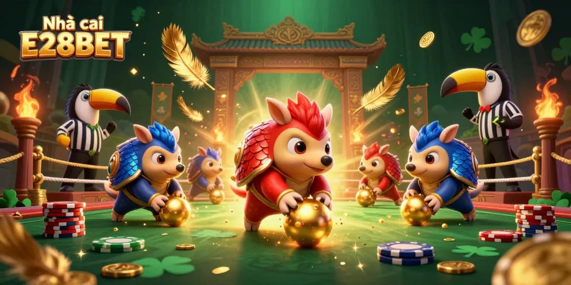 Engage with Nhà cái E28BET through dynamic gaming scenes featuring pangolins in exciting action.
