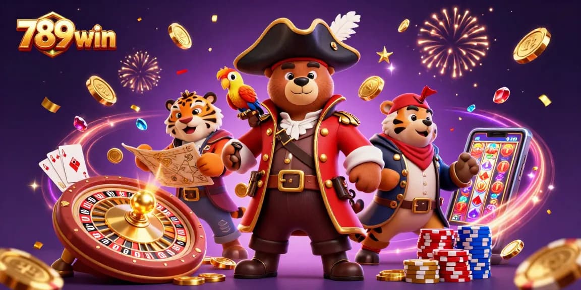 Win big with 789win, featuring vibrant characters celebrating at a dynamic casino scene.