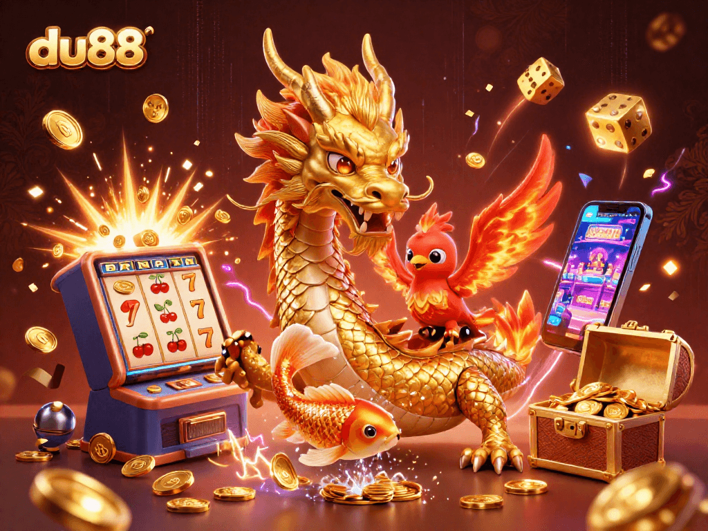Engage in exciting du88 casino gameplay with a vibrant 3D dragon and rich slot machine scene.