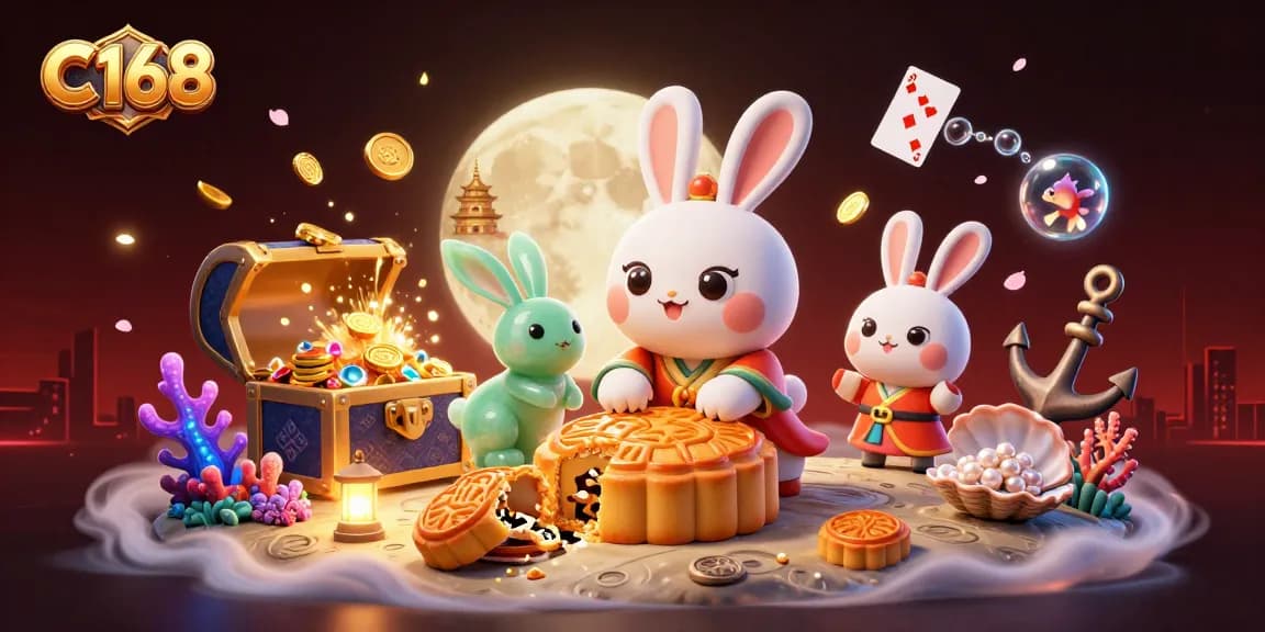 C168 presents a unique online casino experience, featuring a moon rabbit amid golden mooncakes and poker chips in a vibrant 3D scene.