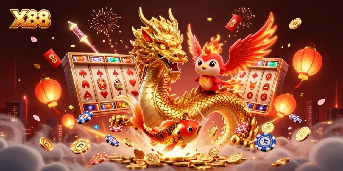 X88 engages players with a vibrant scene featuring a golden dragon, phoenix, and koi fish among slot reels.