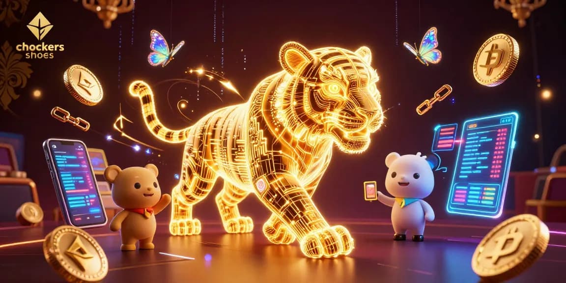 Experience chockers shoes in a vibrant digital casino landscape with shimmering crypto coins and lively game elements.