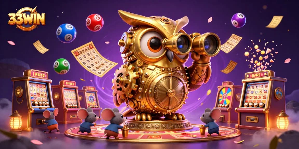 Engage with the vibrant world of 33WIN casino featuring dynamic elements like lottery balls and a golden owl.