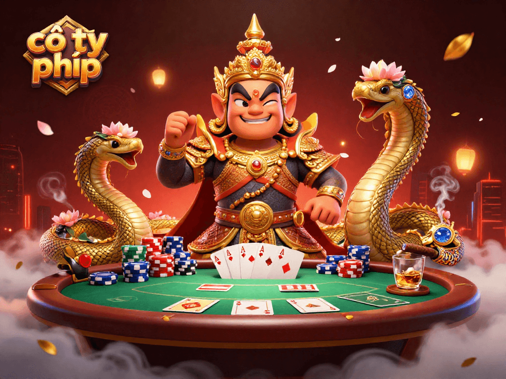 Experience cờ tỷ phú with vibrant 3D guardian and poker elements in a bustling casino scene.