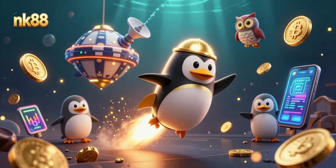 Experience thundering wins at nk88 with this vibrant casino-themed illustration featuring crypto elements and a golden penguin.