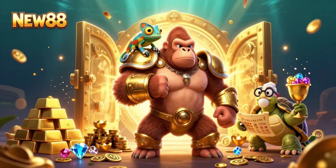 Join the powerful NEW88 gorilla king and friends in their treasure quest amidst dazzling casino riches.