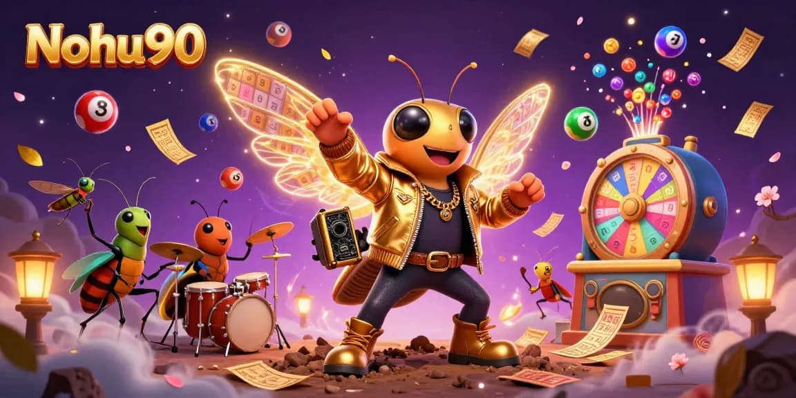 Nohu90 players celebrate with vibrant 3D illustration filled with colorful lottery elements and energetic characters.