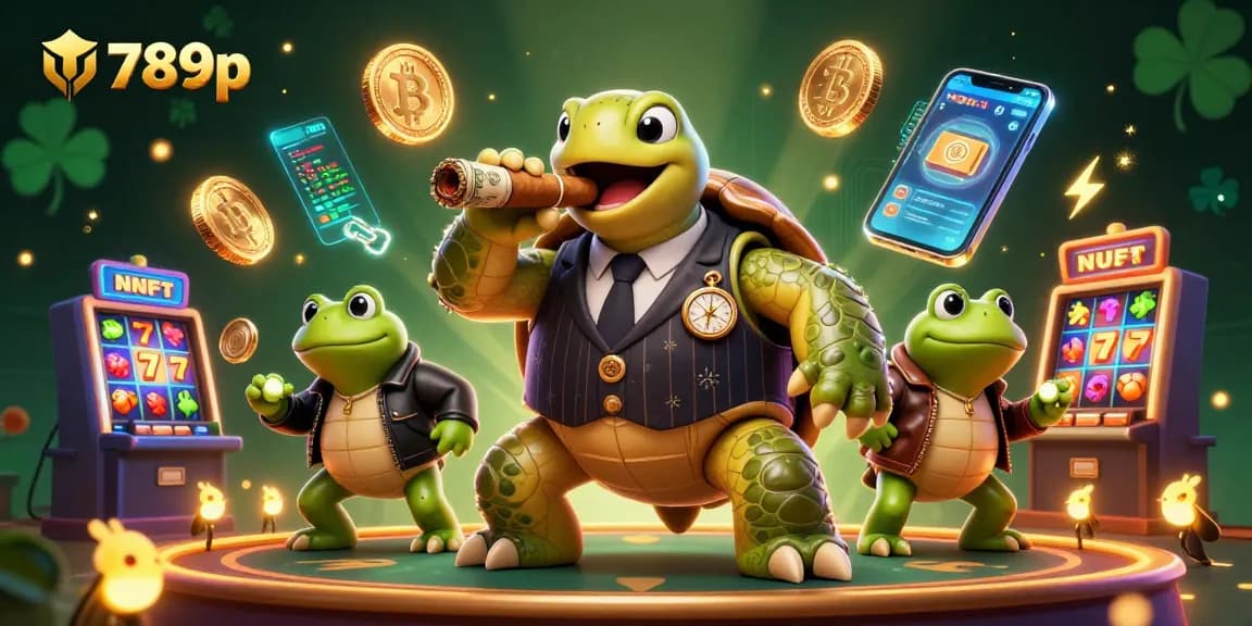 Engage with 789p's dynamic casino scene featuring a snapping turtle in mobster attire and lively game elements.