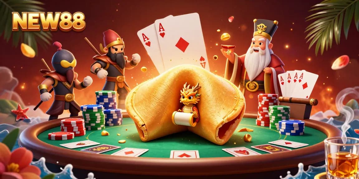 Engage with NEW88 through an exciting poker scene featuring a golden fortune cookie and wise dragon.