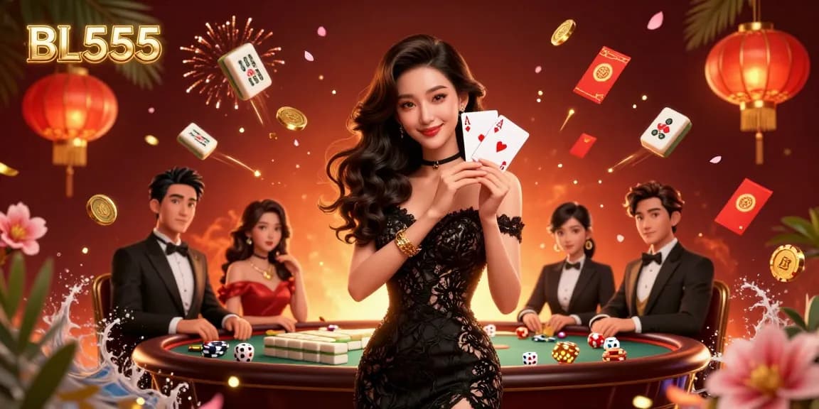 Engage with BL555's immersive online casino games, featuring an elegant woman holding ace cards amidst dazzling casino elements.