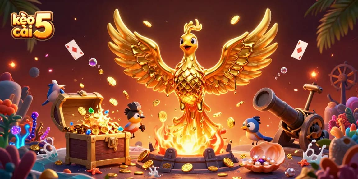 Engage with kèo nhà cái 5 as molten golden phoenix emerges from a treasure-filled casino scene.