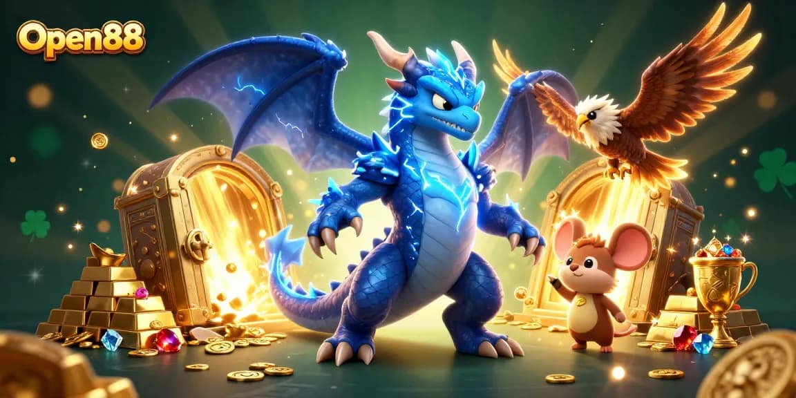 Open88 players enjoying a dynamic casino scene featuring a thunder dragon, glowing hawk, and treasure