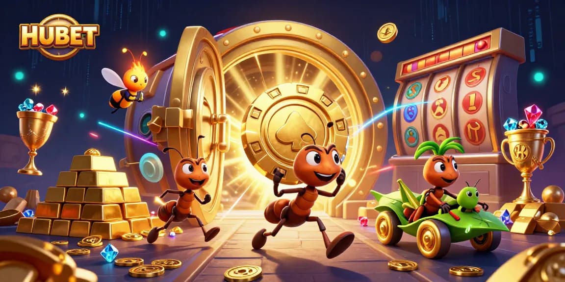 HUBET invites players to experience a thrilling heist with cartoon ants carrying a giant poker chip in a vibrant, detailed casino setting.