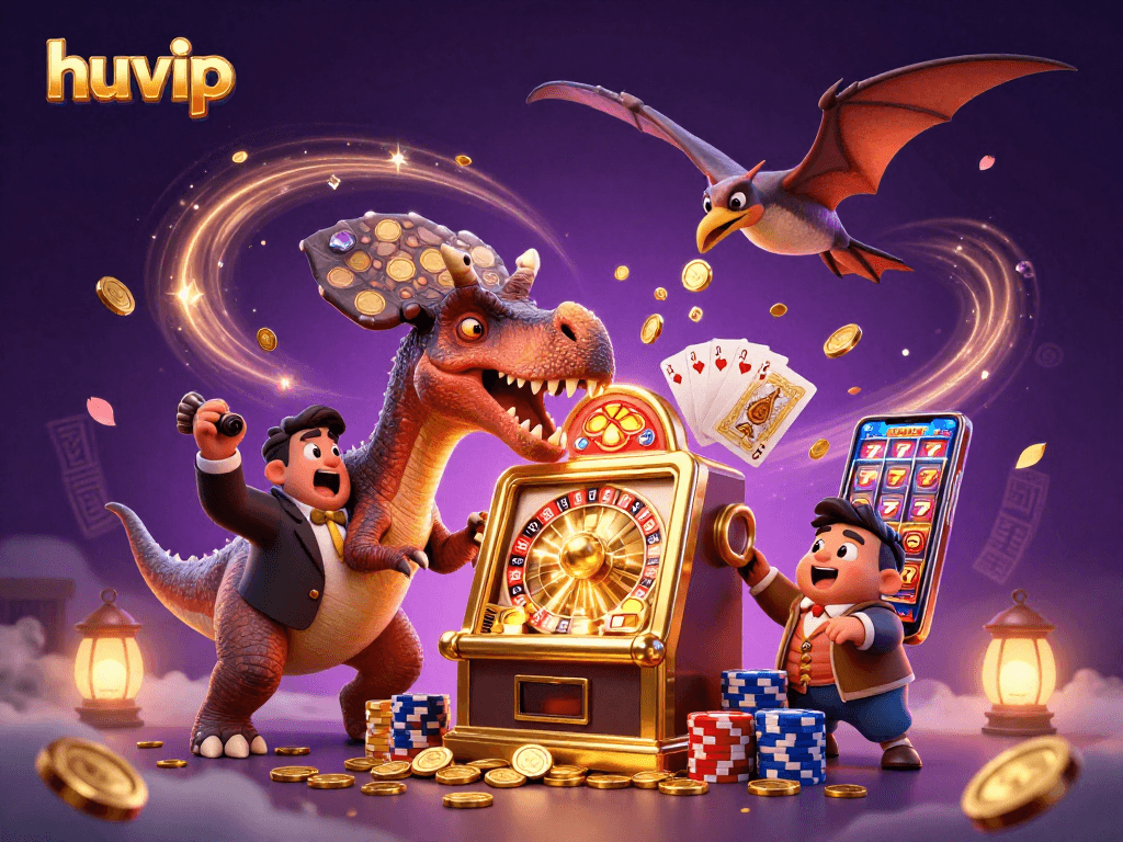 Play huvip slots with a cartoon dino jackpot scene featuring flying coins and a casino manager.