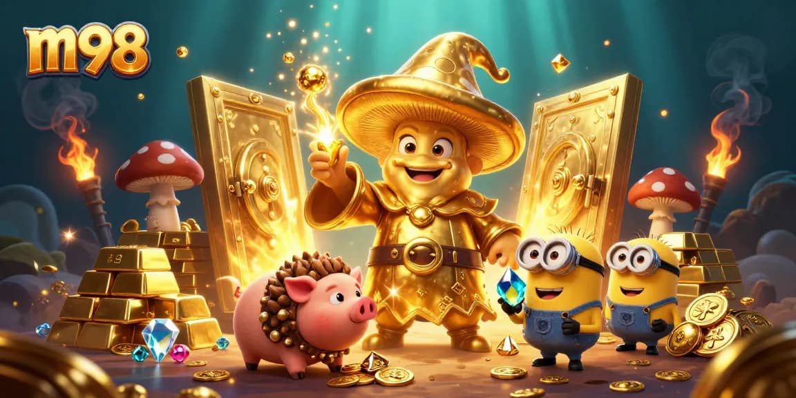 Activate winning magic with the m98 golden wizard and treasures in a vibrant casino scene.