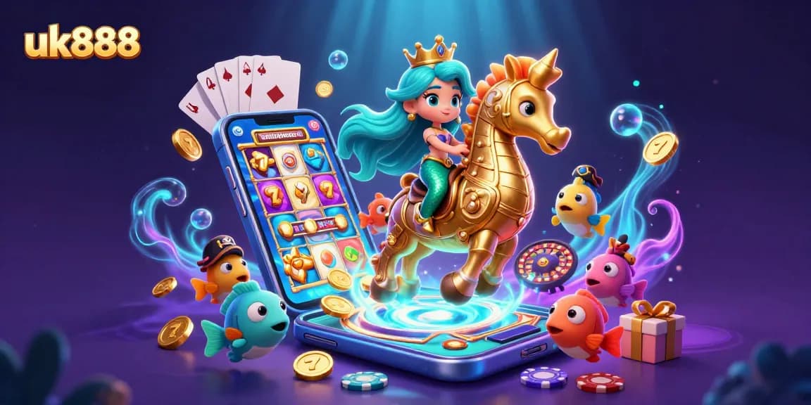 Engage with uk888's thrilling slots as a mermaid princess rides a seahorse with golden game elements.