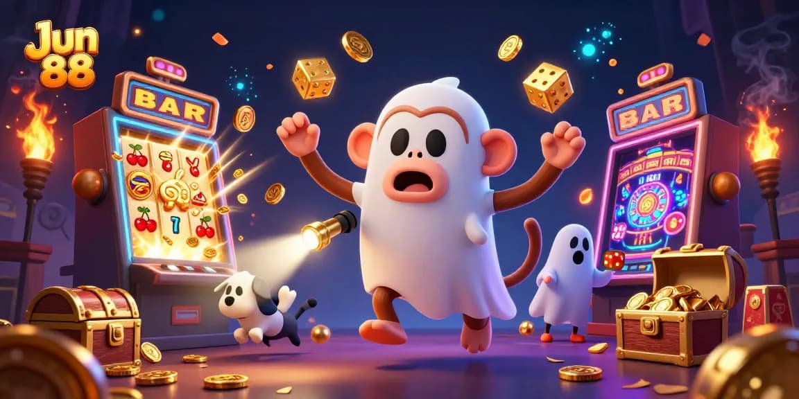 Experience thrilling gameplay at Jun 88 as a ghost-hunter tracks a mischievous monkey in a lively casino scene.