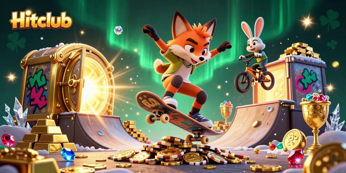 Hitclub scene showcasing a skateboarder fox and BMX rabbit in a vibrant casino world.