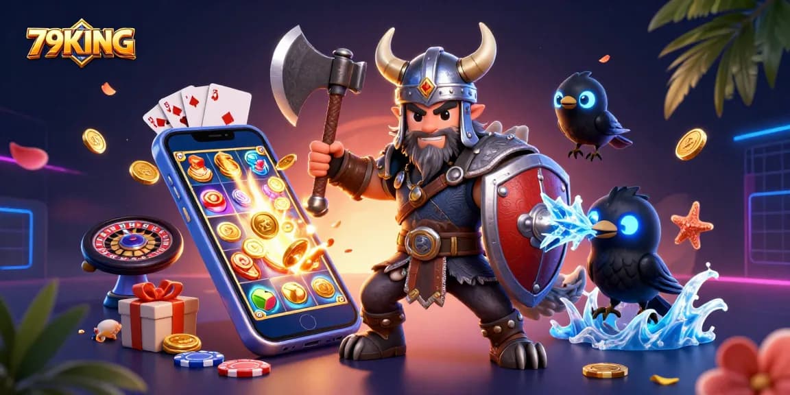 Experience the thrill of 79KING with a Viking wolf warrior, dragon, and gaming elements.