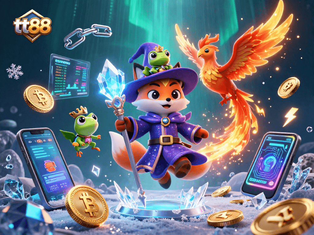 Experience the magic of tt88 with a wizard fox and phoenix amidst crypto elements!