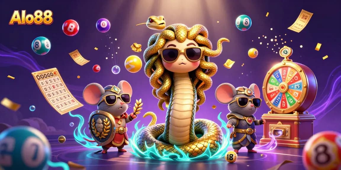 Alo88 brings vibrant energy with Medusa and a warrior mouse, amidst colorful lottery elements.