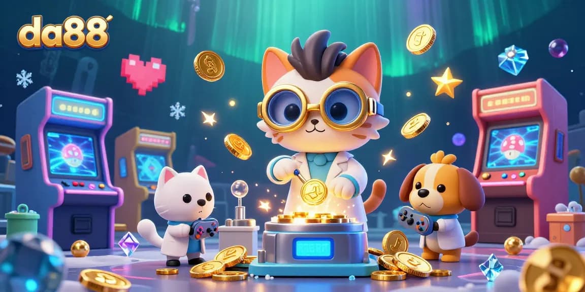 Experience jackpot excitement at da88 with a mad scientist cat and gold-coin machine!